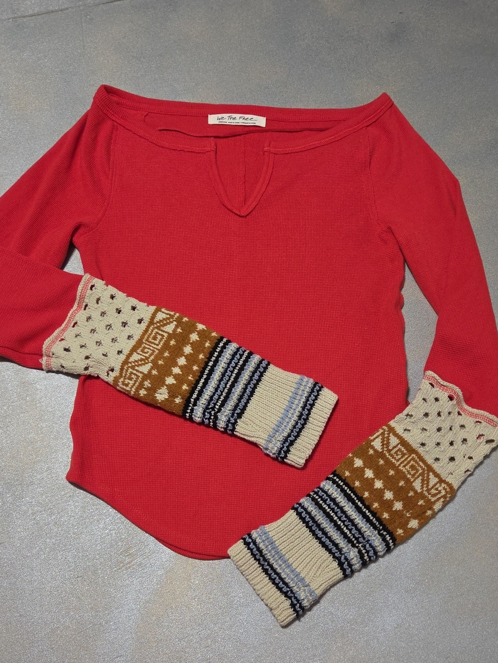 Free People Red Off-Shoulder Sweater with Patterned Knit Cuffs NWOTS